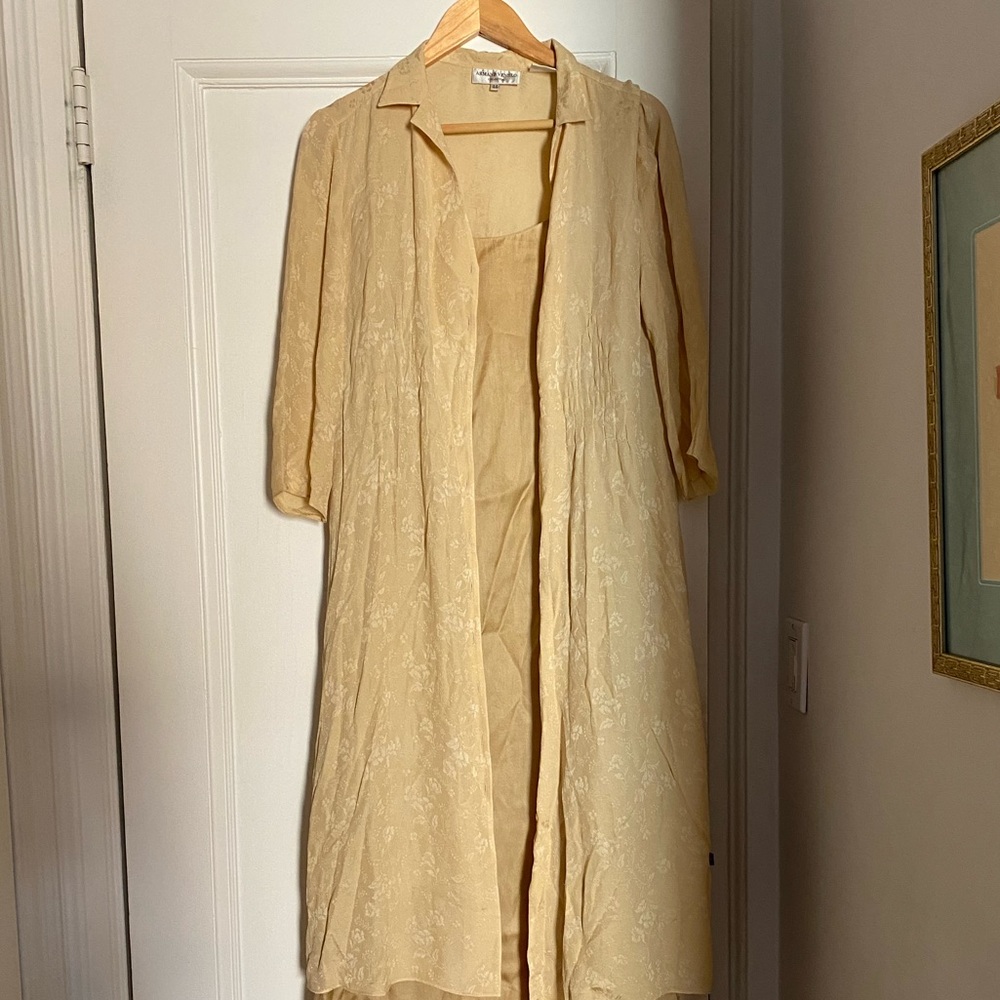 Vintage Armand Ventilo beige long slip dress with delicate overcoat.